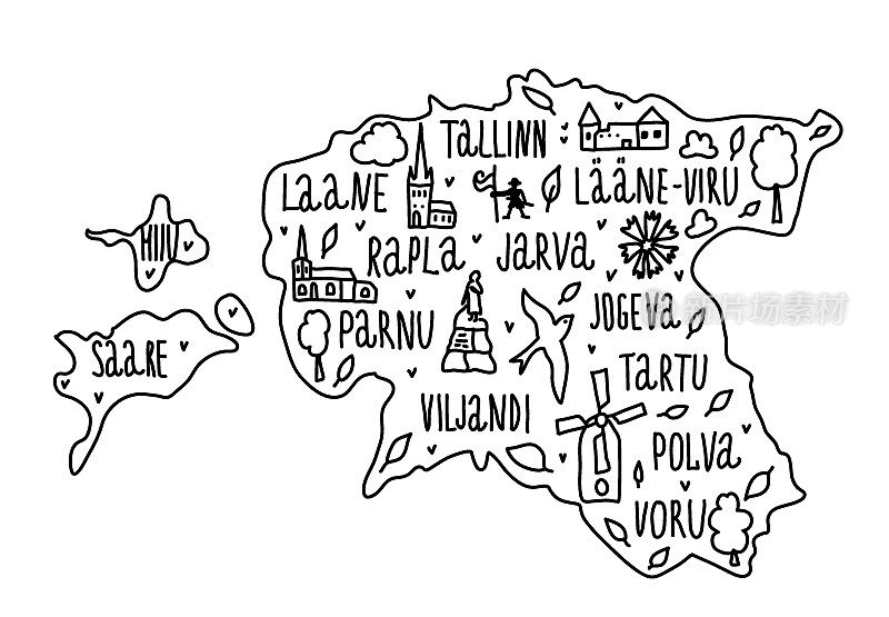Hand drawn doodle Estonia map. Estonian city names lettering and cartoon landmarks, tourist attractions cliparts. travel, banner concept design. Tallinn, laane-viru, jarva, parnu